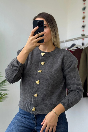 Kubos Moda Heart Button Detailed Crew Neck Gray Cardigan