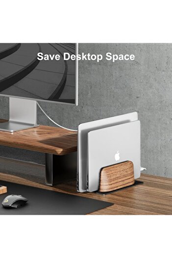 Generic Vertical Laptop Stand, Dual Slot Walnut Wood Laptop Holder for Desk