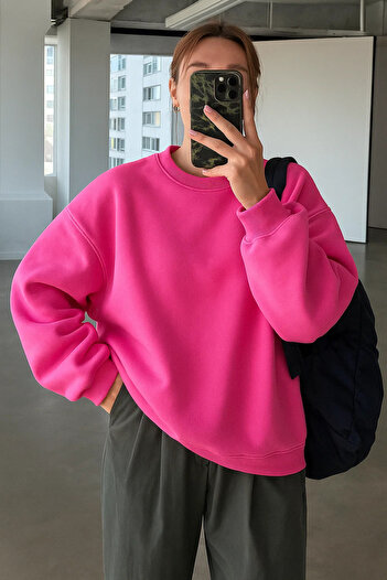 COMBİNE MİCHAİL Kadın Bisiklet Yaka Oversize Pembe Sweat