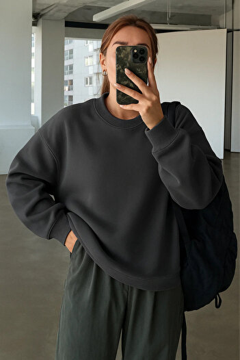 COMBİNE MİCHAİL Kadın Bisiklet Yaka Oversize Füme Sweatshirt
