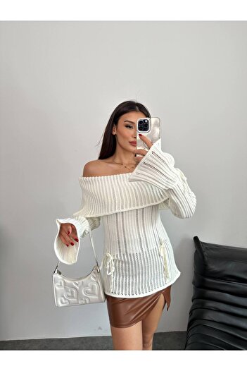 Lamierra Women's Knit Sweater with Open Shoulder Bow