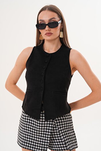ŞİMAL Women's Button Closure Suede Vest 255066 -