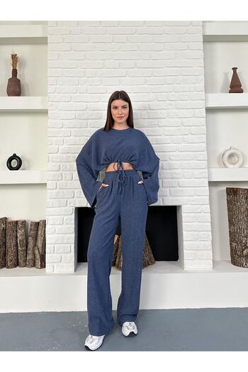 b buhari bykoc Drawstring Long Sleeve Crop Blouse and High Waist Wide Leg Pants Set