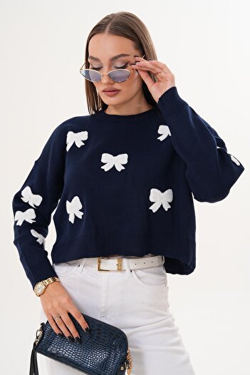ŞİMAL Women's Bow Patterned Knitwear Oversized Sweater 255191 -