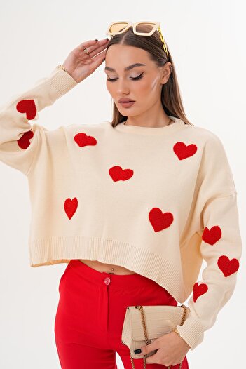 ŞİMAL Women's Heart Patterned Knitwear Oversized Sweater 255190 -