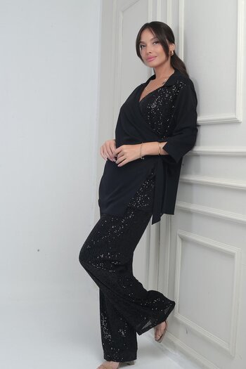By Saygı Women's Double-Breasted Polo Neck One-Side Sequin Crepe Chiffon Blouse with Elastic Waist Lined Wide-Leg Pulpayet Pants