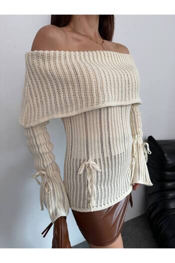 Lamierra Women's Knit Sweater with Open Shoulder Bow