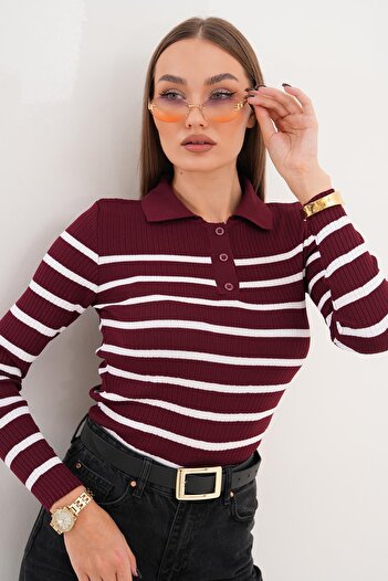 ŞİMAL Women's Striped Patterned Polo Neck Sweater 255095 -