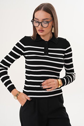 ŞİMAL Women's Striped Patterned Polo Neck Sweater 255095 -