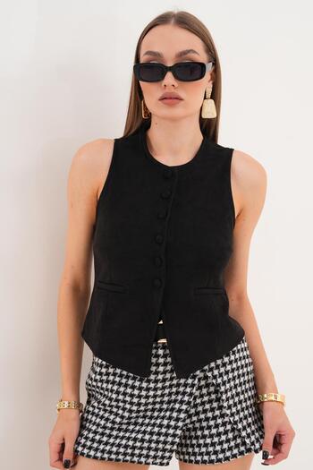ŞİMAL Women's Button Closure Suede Vest 255066 -