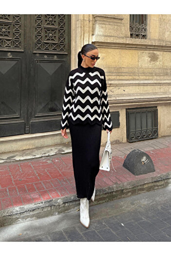 Fav Style Γυναικείο πουλόβερ με μισό ψηλό γιακά με σχέδιο ζιγκ-ζαγκ και αμάνικο μακρύ φόρεμα με λαιμόκοψη σε σχήμα V, μαύρο σετ πλεκτών ενδυμάτων