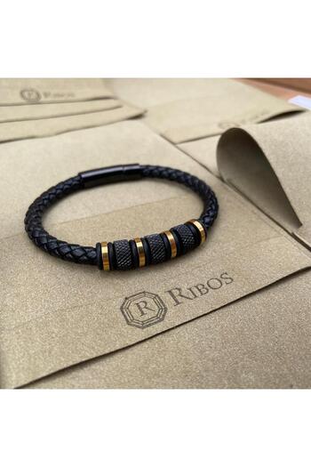 OEM Men's Bracelet New Icon, RIBOS, Steel/Eco-leather, Gold/Black, 21cm
