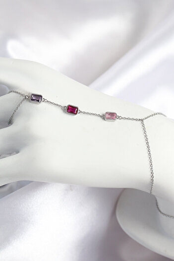 Skygo Brass Colored Zircon Stone Rectangular Model Silver Color Women's Shahmeran - Tj-Sn694