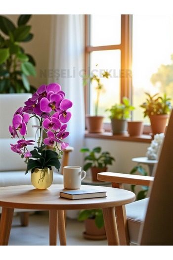NEŞELİ ÇİÇEKLER Yapay Çiçek Islak Orkide Fuşya 2 Dallı Lüks Gold Metal Saksıda 55 cm Dekoratif Salon Çiçeği