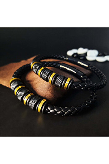 OEM Men's Bracelet New Icon, RIBOS, Steel/Eco-leather, Gold/Black, 21cm