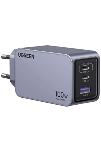 Ugreen Nexode 100W 3-Port GaN Fast Charger EU, 1 x USB-A - 2 x USB-C, Gray