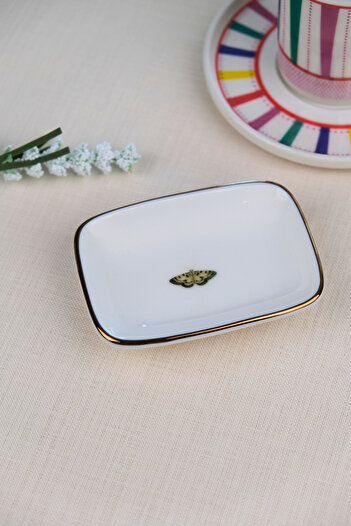 tabakevi Tabak Evi Porselen Natura Kelebek Altın Yaldızlı Dikdörtgen Kayık Tabak 10x7x2cm Tekli