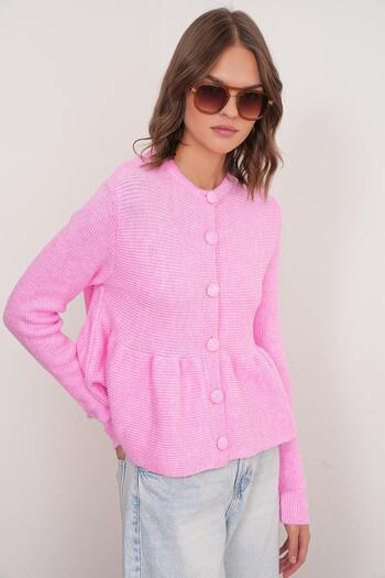 Mixray 6958 Women's Knitwear Peplum Cardigan Pink
