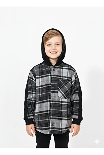 JENA Boys' Plaid Hooded Shirt 3-14 Years Old Black