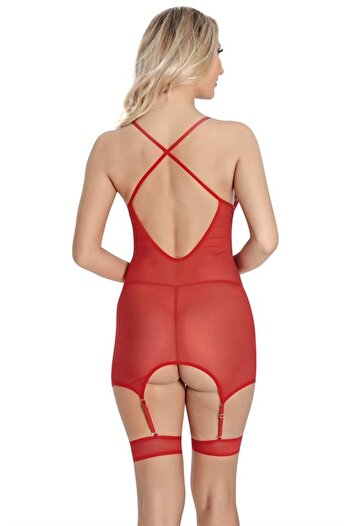 Litae Morliva Red Lace Embroidered Bust Rope Detailed Fancy Garter Set