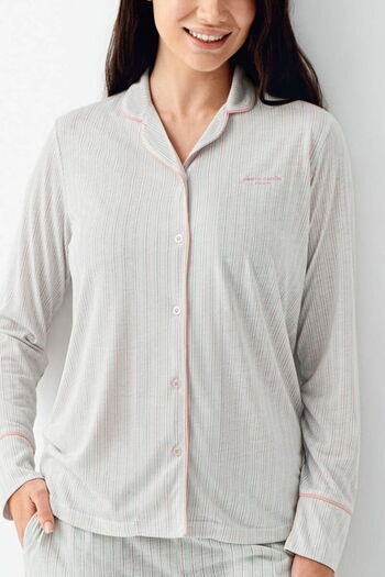 Pierre Cardin Shirt Collar, Pocket, Women's Pajama Set, Long Sleeve, Green, Striped, Cotton & Modal