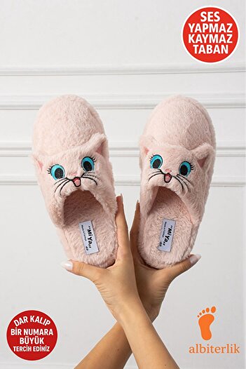 AlbiShoes Cute Cat Figured House Slippers Soft Plush Non-Slip Non-Slippery Lightweight Sole House Slippers