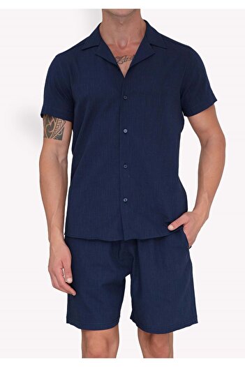 Exve Exclusive Navy Blue Linen Relaxed Fit Short Sleeve Loose Lapel Collar Summer Shirt Shorts Set