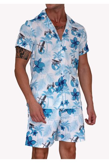 Exve Exclusive White Blue Leaf Print Relaxed Fit Short Sleeve Loose Lapel Collar Summer Shirt Shorts Set