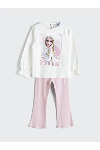 LC Waikiki Kids Ecru Elsa Printed Cotton Girls' T-Shirt and Leggings 2-Piece Set