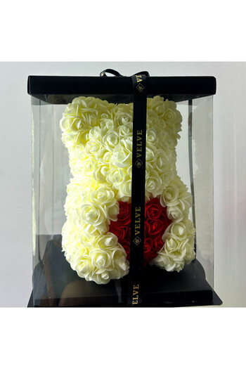 velve Ursulet floral 30 cm, cu LED-uri luminoase, trandafiri spuma cu inima rosie, in cutie cadou, Alb