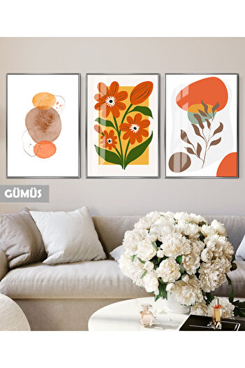 Harikabirev Hari̇kabi̇rev | Orange-Green Flower Patterned Bohemian Combination | Framed Glass Table 3-Piece Vertical