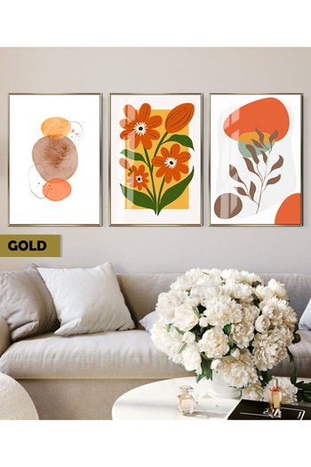 Harikabirev Hari̇kabi̇rev | Orange-Green Flower Patterned Bohemian Combination | Framed Glass Table 3-Piece Vertical