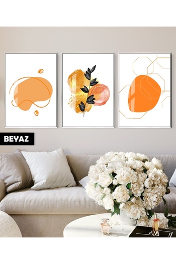 Harikabirev Hari̇kabi̇rev | Orange Colored Abstract Leaf Pattern Bohemian Combination | Framed Glass Table 3-Piece Vertical