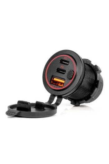 DELUXETUNING Waterproof Phone Charger with Switch, Red LED Backlight, USB + 2 x USB-C QC 3.0 12/24V