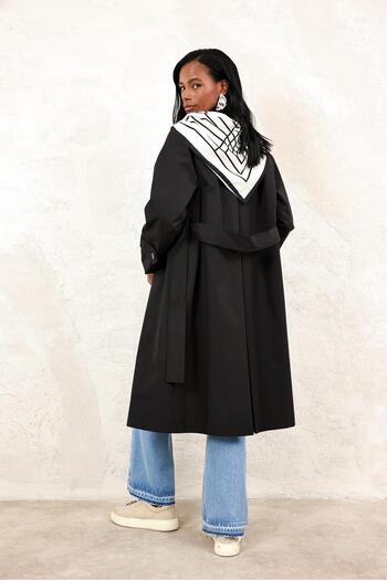 5in1Canpolat Black Trench Coat with Scarf
