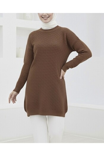 Modamorfo Round Neck Embossed Pattern Sleeve Elastic Knit Tunic - Brown