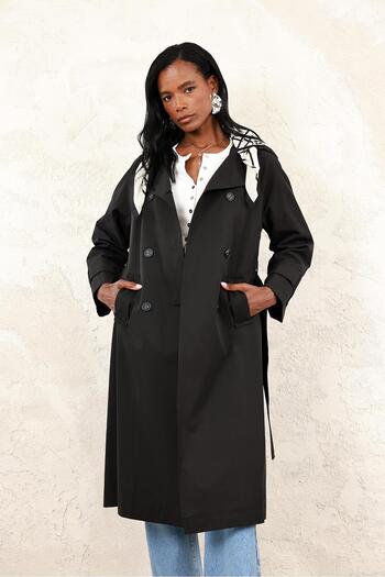 5in1Canpolat Black Trench Coat with Scarf