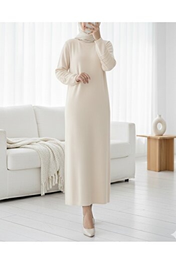 Modamorfo Knitwear Dress with Elastic Sleeves and Pompom Detail - Stone