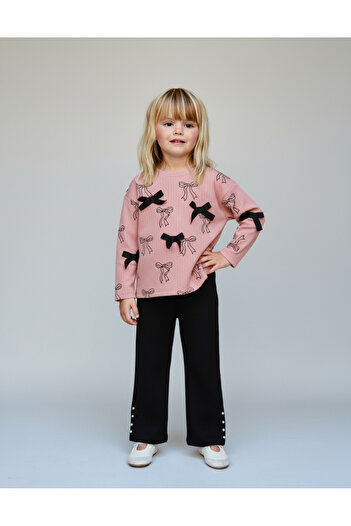 Magu Girl's Cotton Pink Bow Patterned T-Shirt and Black Pearl Button Detailed Pants Set