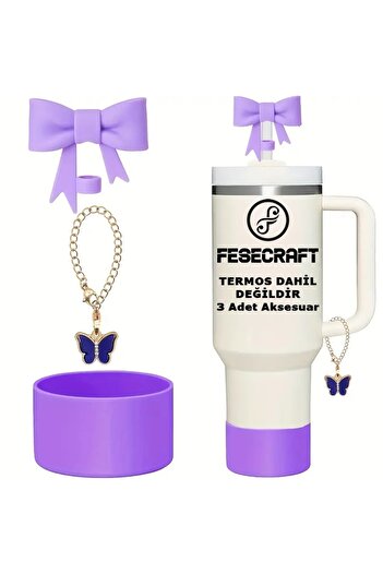 Stanley Quencher 30 - 40 oz 3-Piece Accessory Bow Tie Stopper Butterfly Charm Base Protector Silicone Set