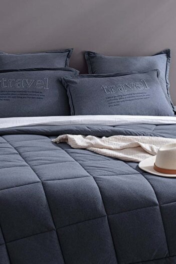 Madame Coco Yeni Sezon Bobigny Çift Kişilik Pamuklu SuperSoft Comforter Set - İndigo - İNDİGO
