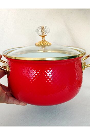 EBRULİEMAYE Red Embossed Enamel Lux Pot 3 Liters 20 cm Diameter Milk Yogurt Soup Pot