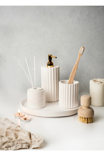 LALEZEN HOME Round Soap Dispenser with Tray and Toothbrush Holder 30ml Fragrance Set - Bathroom Set