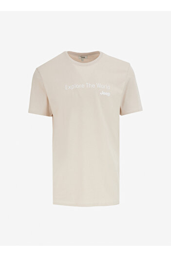 Jeep Bisiklet Yaka Baskılı Bej Erkek T-Shirt J4WM-TST7216