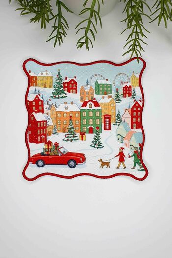 decofav New Year's Story Town Designed Embroidery Edge Cocktail Napkin 1 Piece