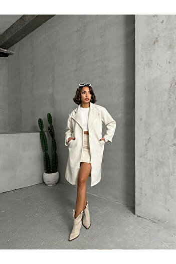 Caddebostan Moda Women's Cashmere Cream 100% Cotton Long Coat Premium Luxury Trend Design Coat