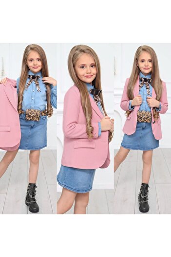 KOKOŞ BEBEK Kız Çocuk 5 Parça Şıklık Seti – Kot Gömlek, Kot Etek, Ceket, Leopar Çanta Kemer + Broş / 3-12 Yaş