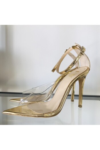 Ruiz Transparent-Gold Sandal, 10 cm Toc