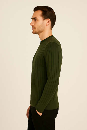 Maccali Men's Long Sleeve Striped Khaki Winter Knit Sweater