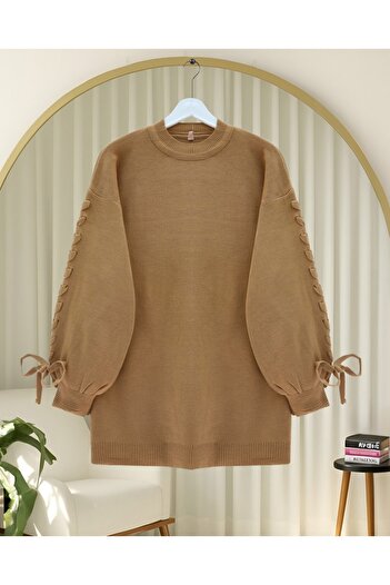 Modamorfo Round Neck Sleeve Knit Detailed Sweater - Mink